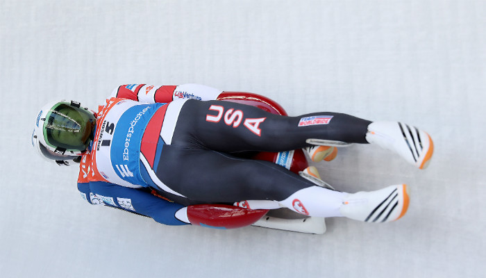 Justin Garret Krewson and Andrew Sherk from the U.S. slide down the track during the Viessmann Luge World Cup Nations Cup doubles competition.